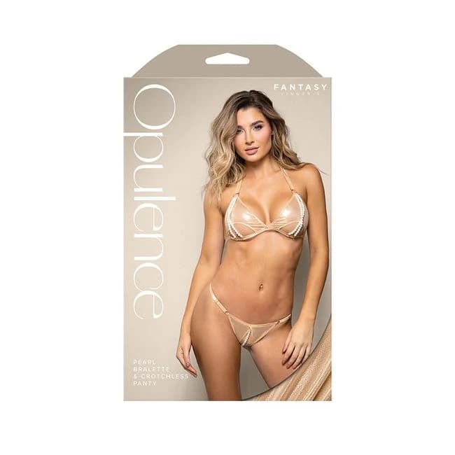 Fantasy Lingerie Opulence Foiled Mesh Cut-out Pearl Halter Bralette & Crotchless Pearl Panty L/xl - Image 1 Fantasy Lingerie Opulence Foiled Mesh Cut-out Pearl Halter Bralette & Crotchless Pearl Panty L/xl - Image 1