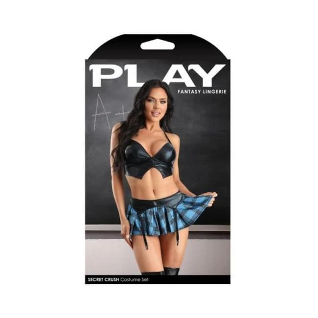 Fantasy Lingerie Play Secret Crush Wetlook Bralette, Gartered Plaid Skirt & G-String Panty Costume, image 1