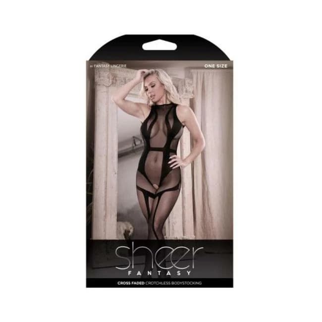 Fantasy Lingerie Sheer Cross Faded High Neck Crotchless Bodystocking Black Queen Size, image 1