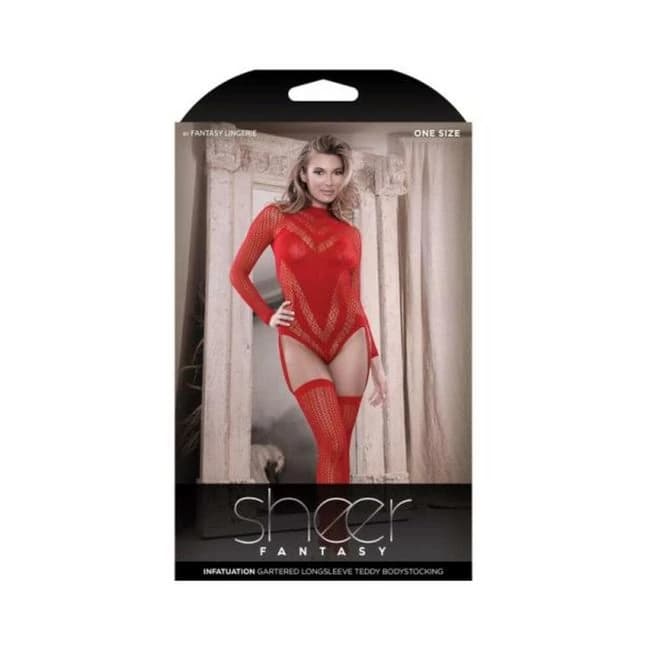 Fantasy Lingerie Sheer Infatuation Open Back Longsleeve Teddy Bodystocking Red Queen Size, image 1