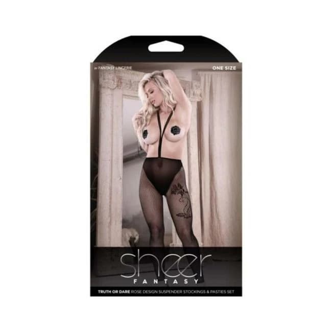 Fantasy Lingerie Sheer Truth or Dare Rose Design Suspender Stockings & Rose Pasties Set, image 1