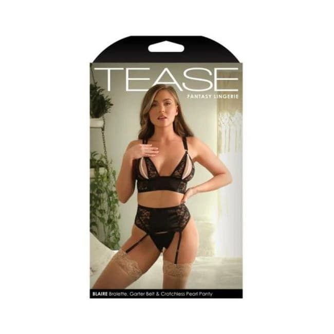 Fantasy Lingerie Tease Blaire Pearl Split Cup Bralette, Garter Belt & Crotchless Pearl G-String Blac, image 1