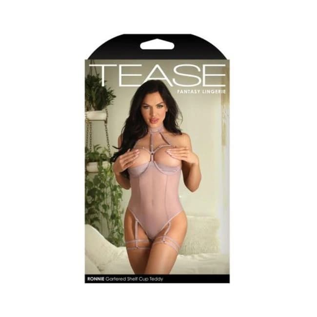 Fantasy Lingerie Tease Ronnie Caged Shelf Cup Teddy with Snap Closure & Leg Garters Pale Mauve, image 1