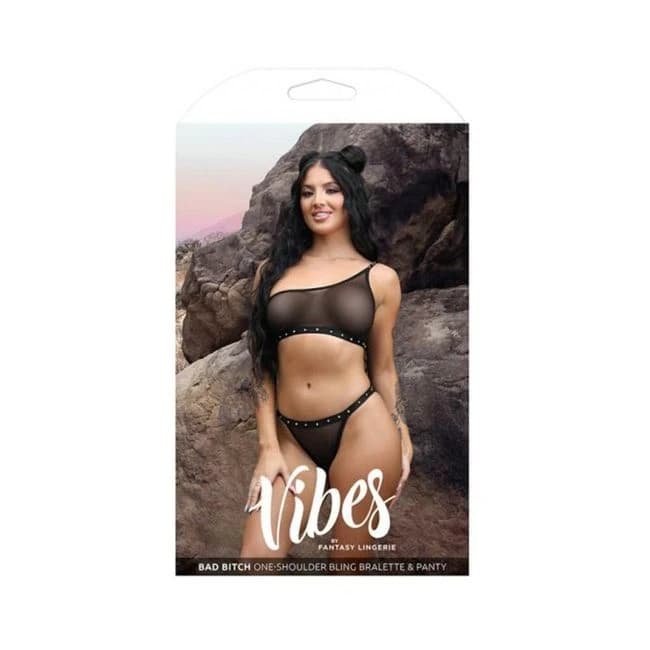 Fantasy Lingerie Vibes Bad Bitch One-Shoulder Bling Bralette & Bikini Panty with Rhinestone Letterin, image 1