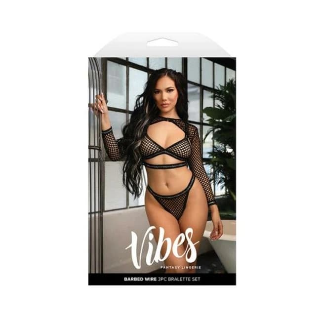 Fantasy Lingerie Vibes Barbed Wire Fishnet Bralette, Shrug & Panty S/M, image 1