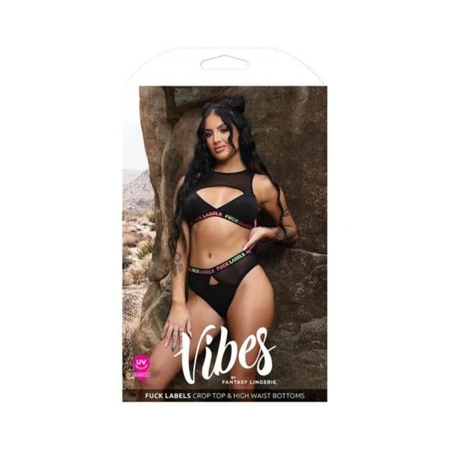 Fantasy Lingerie Vibes Fuck Labels Keyhole Top & High Waist Bottoms with UV Reactive Elastic, image 1