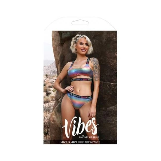 Fantasy Lingerie Vibes Love Is Love Underboob Cut Out Top & Cheeky Panty Rainbow Holo, image 1