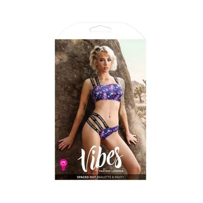 Fantasy Lingerie Vibes Spaced Out UV Reactive Print Asymmetrical Bralette & Multi Strap Panty Indigo, image 1