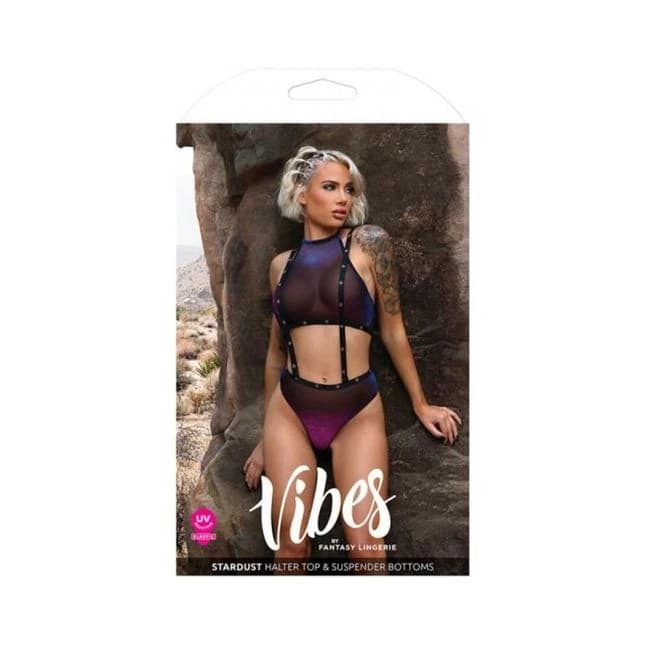 Fantasy Lingerie Vibes Stardust Iridescent Halter Top & Suspender Bottoms with UV Reactive Star Prin, image 1