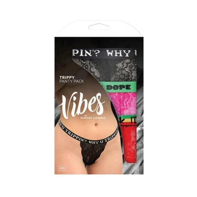 Fantasy Lingerie Vibes Trippy Vibes Pack 3-Piece Lace Thong Panty Set Black/red/pink O/S, image 1