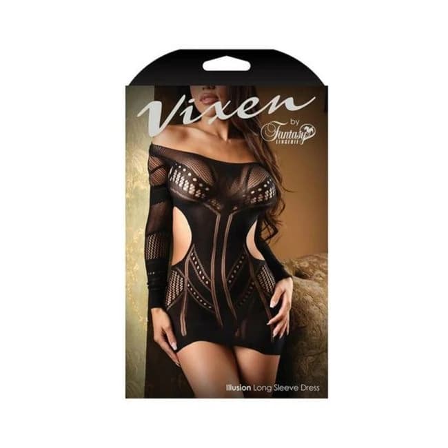 Fantasy Lingerie Vixen Illusion Longsleeve Seamless Dress Black Queen Size, image 1