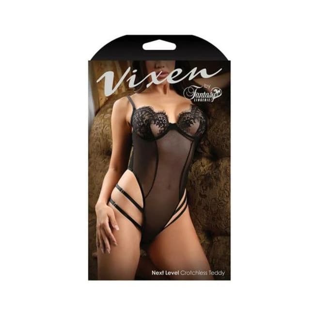 Fantasy Lingerie Vixen Next Level Strappy Crotchless Teddy with Lace Underwire Cups Black Queen Size, image 1