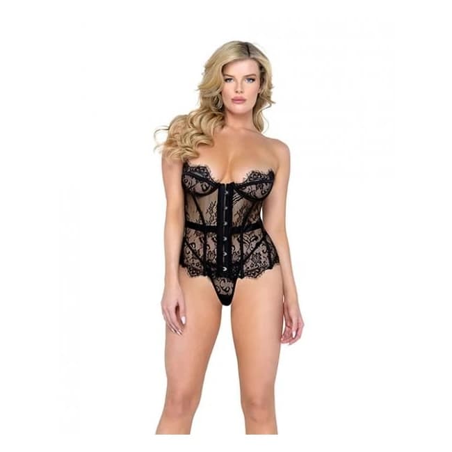 Fantasy Scalloped Eyelash Lace Bustier & Thong Black Md, image 1