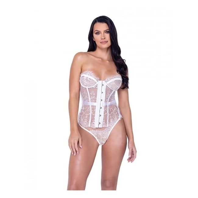 Fantasy Scalloped Eyelash Lace Bustier & Thong White Md, image 1