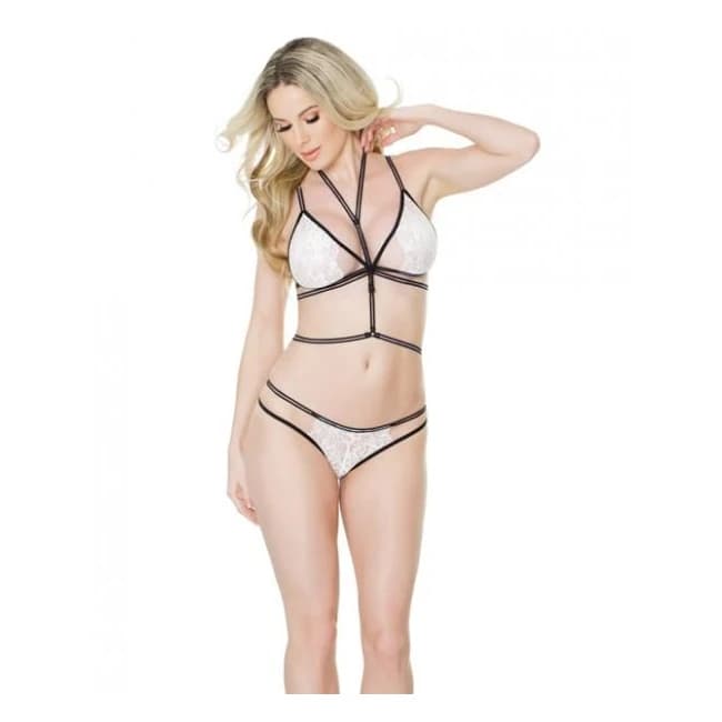 Fashion Stretch Lace Bralette, Crotchless Panty Harness White Black O/S, image 1