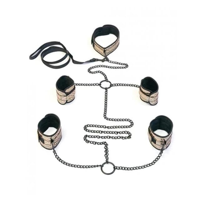 Faux Leather Collar, Wrist, Ankle Restraints & Leash Bondage Kit Gold, image 1