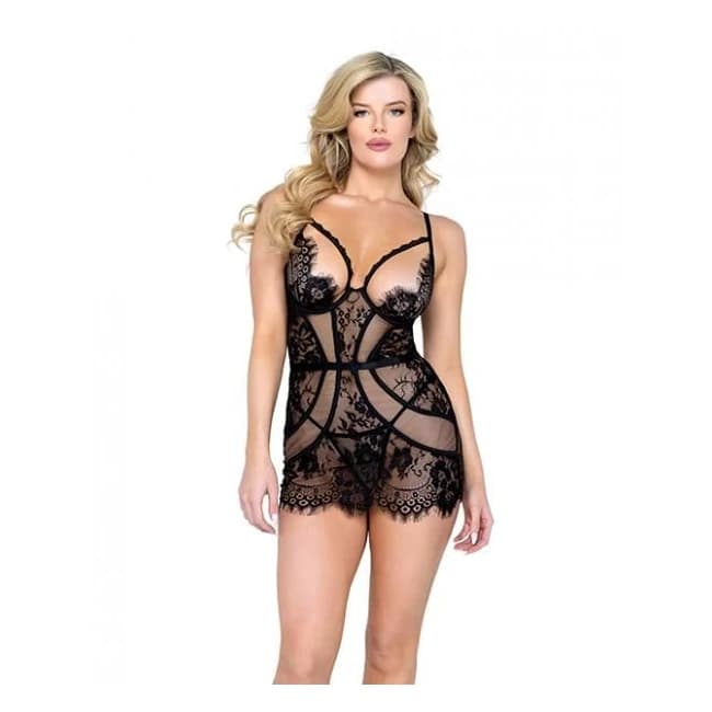 Femme Fatale Scalloped Eyelash Lace & Mesh Chemise & Thong Black - Image 1 Femme Fatale Scalloped Eyelash Lace & Mesh Chemise & Thong Black - Image 1