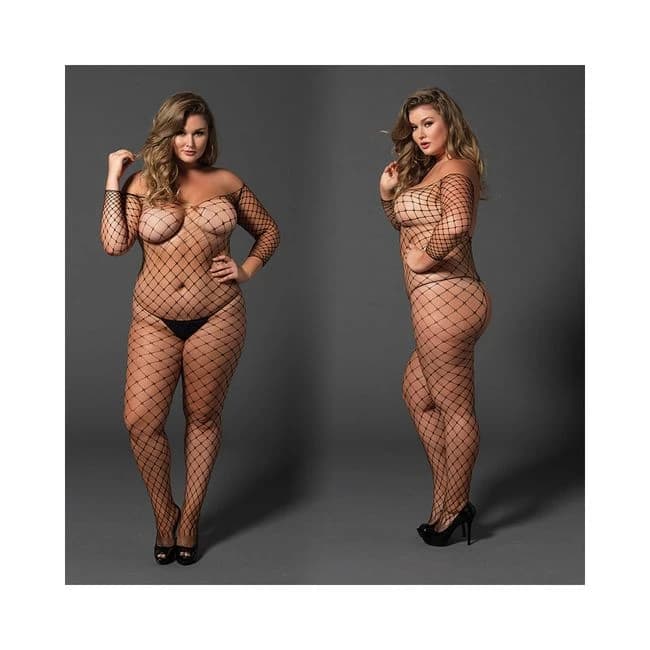 Fence Net Off the Shoulder Bodystocking. Long Sleeved Plus Size Black, image 1