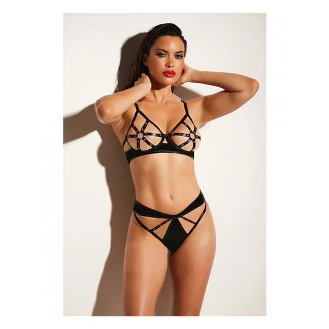 Fetish Dominant Open Cup Caged Bra w/ Grommet Tape Strapping & Panty Black Sm, image 1