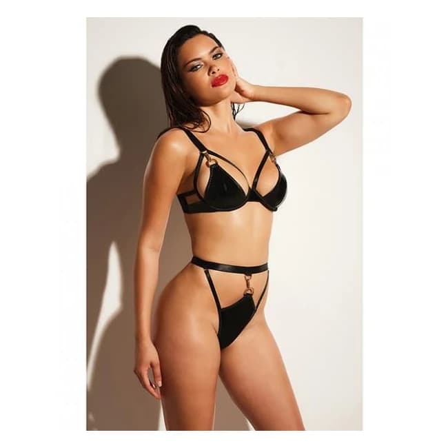 Fetish Excitement Unlined Underwire Vinyl Bra & Panty w/ D-ring & Metal Clasp Black, image 1