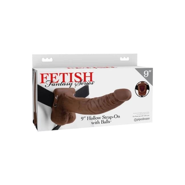 FETISH FANTASY 9 HOLLOW STRAP ON W/BALLS BROWN " - Image 1