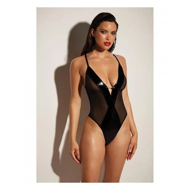 Fetish Finesse Soft Cup Vinyl & Mesh Teddy w/ Barbell Black 1x/2x, image 1