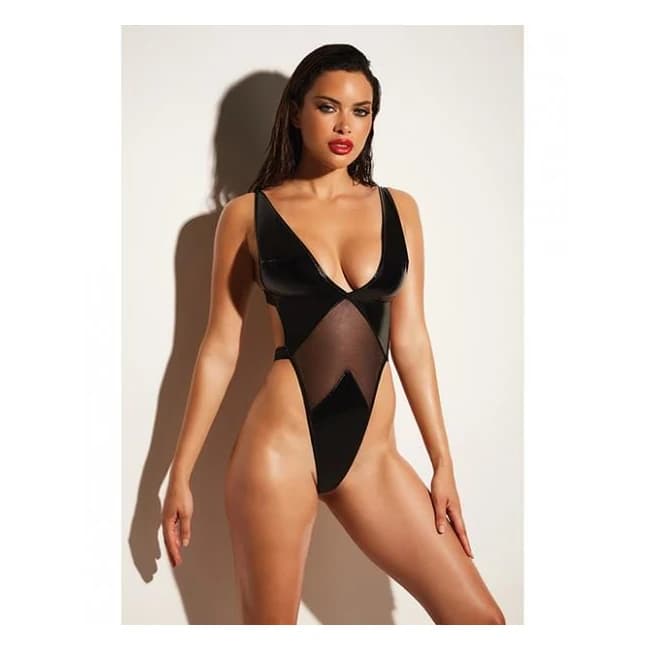 Fetish Limitless Soft Cup High Leg Vinyl & Mesh Teddy, image 1