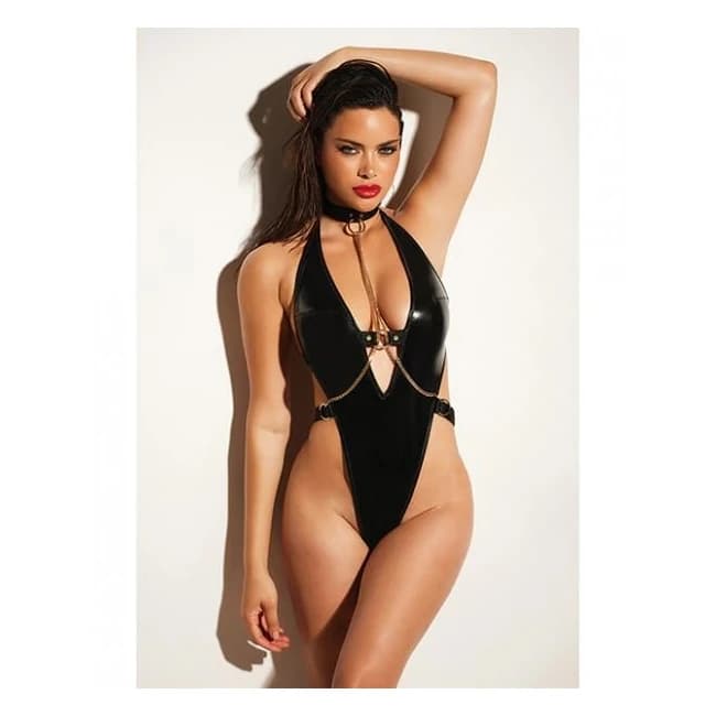 Fetish Submissive V-Plunge Vinyl Teddy w/ Removable Chain Harness & Hand, image 1