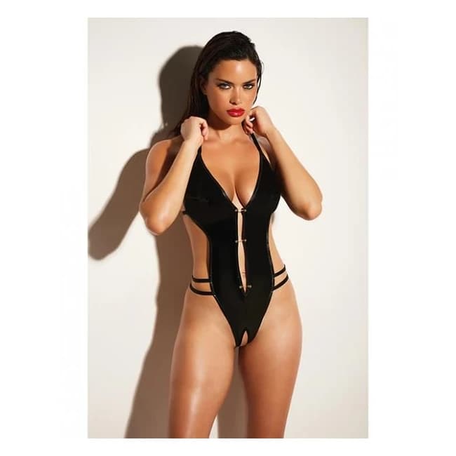 Fetish Whipped Open Gusset Vinyl Teddy w/ Barbell Black O/S, image 1