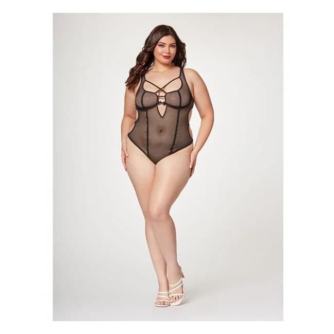 Fishnet Strappy High Cut Leg Teddy Black 1x/2x, image 1