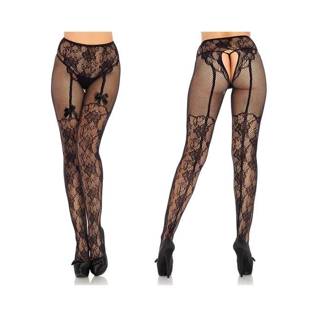 Fleur De Lace Suspender Illusion Crotchless Tights with Bow Accent O/S Black, image 1