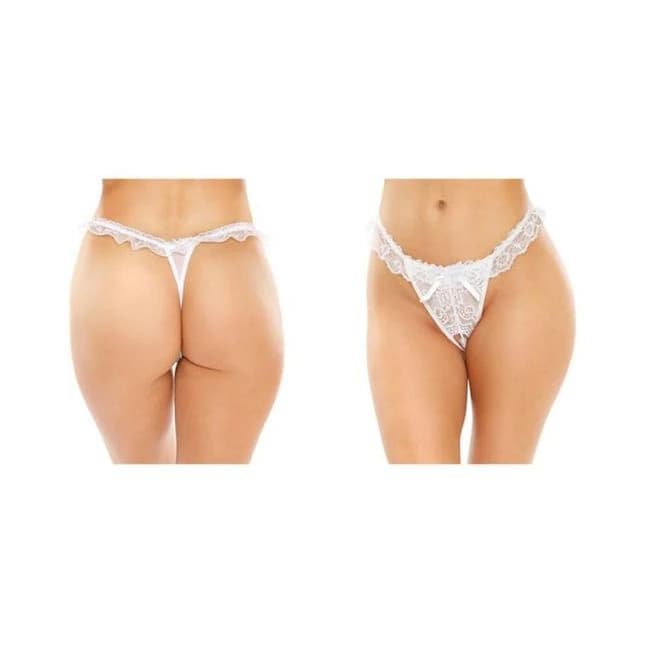 Flora Ruffled Lace Crotchless Pearl Thong White, image 1
