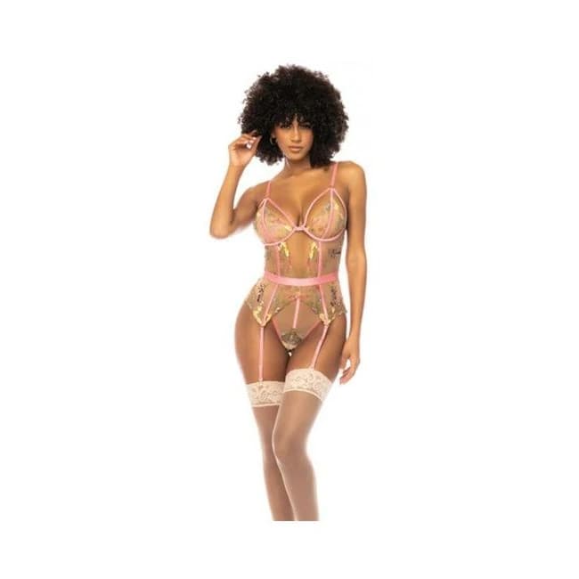 Floral Embroidered Teddy w/ Underwire Cup & Garters, image 1