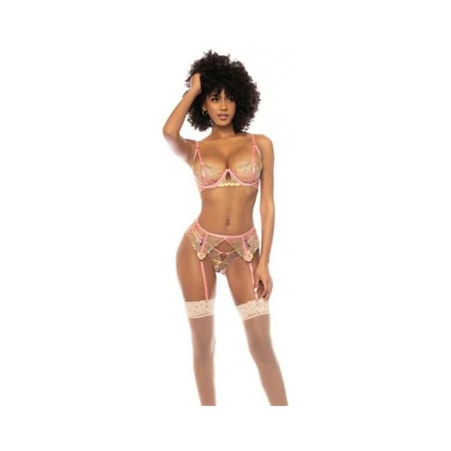 Floral Embroidered Underwire Bralette w/ Garter & Thong Panty, image 1