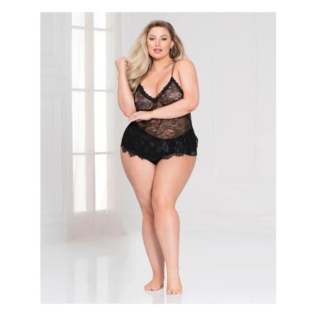 Floral Lace Cami & Cheeky Satin Short Black 1x/2x, image 1