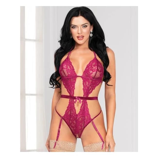 Floral Lace, Open Crotch Teddy w/ Removable Garters Wine O/S, image 1