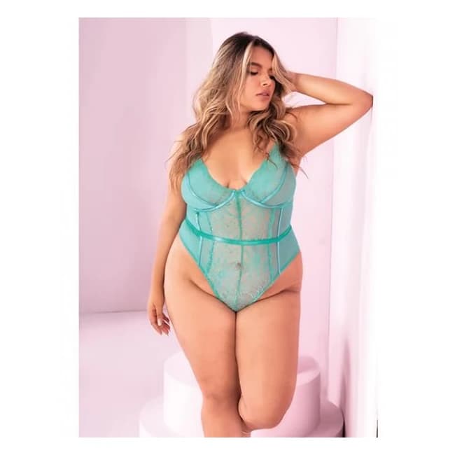 Floral Lace Peek a Boo Open Back Teddy Aqua 1x/2x, image 1