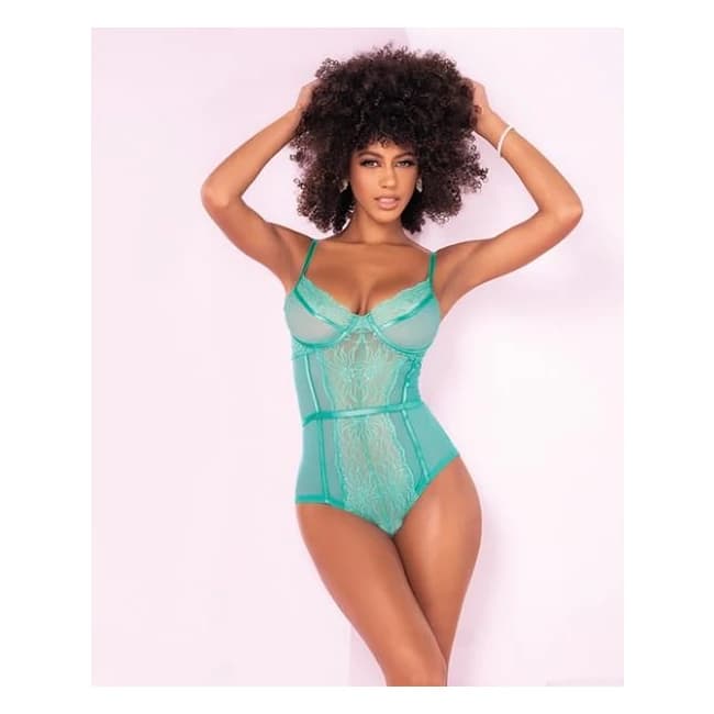 Floral Lace Peek a Boo Open Back Teddy Aqua, image 1