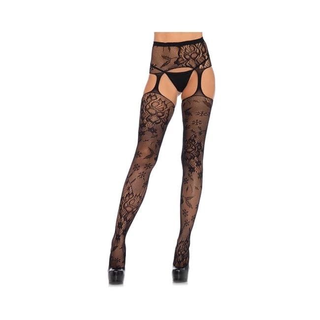 Floral Lace Stockings with Attached High Waist Garter Belt O/S Black, image 1