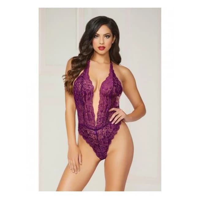 Floral Lace Teddy Halter Ties & Snap Crotch Purple O/S, image 1