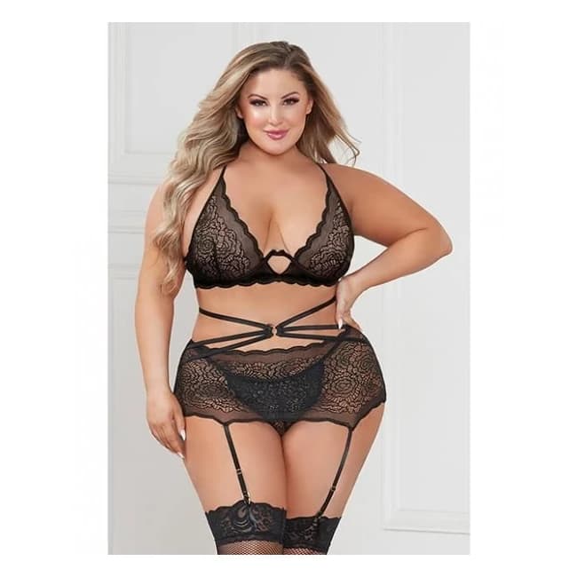 Galloon Lace Bra, Garter Skirt & G-String Black Qn, image 1