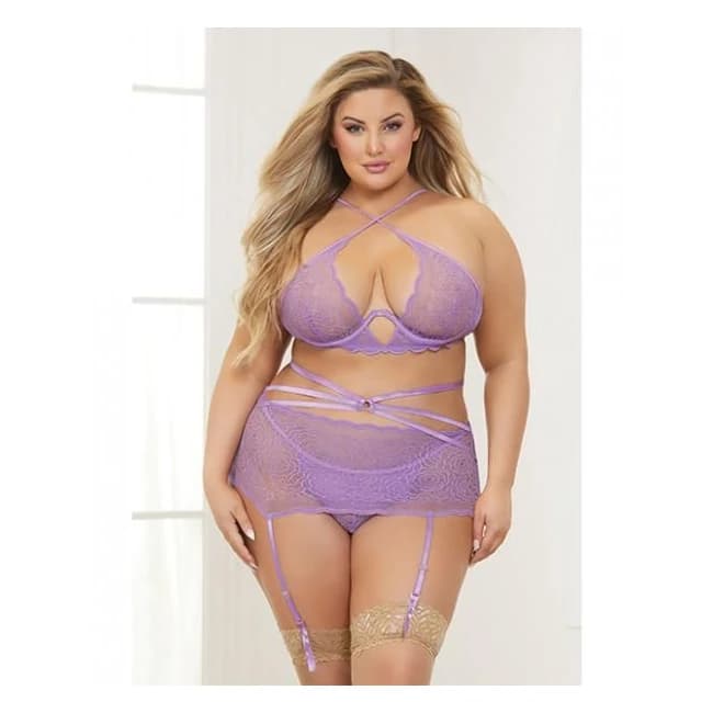 Galloon Lace Bra, Garter Skirt & G-String Lavender Qn, image 1