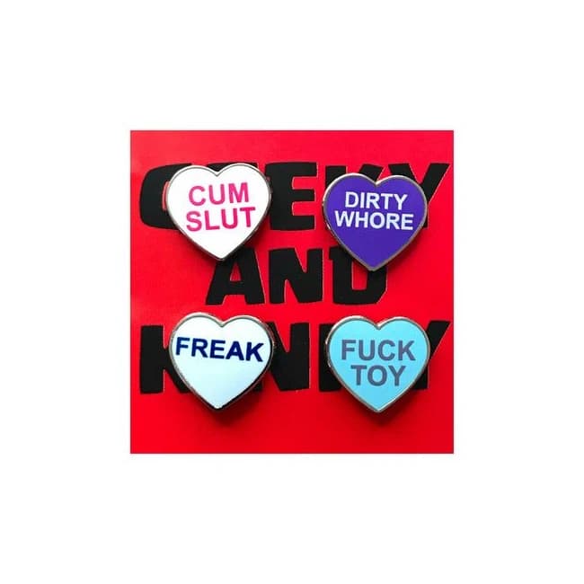 Geeky & Kinky Heart Pin 4-Pack (Cum Slut Dirty Whore Freak Fuck Toy), image 1