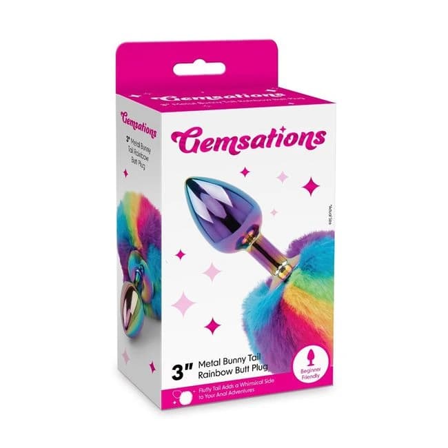 Gemsations 2.95" Metal Bunny Tail Butt Plug Rainbow, image 1
