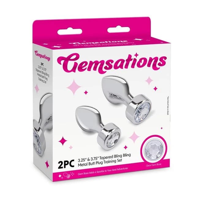 Gemsations 2pc Tapered Bling Bling Metal Butt Plug Training Set Silver, image 1