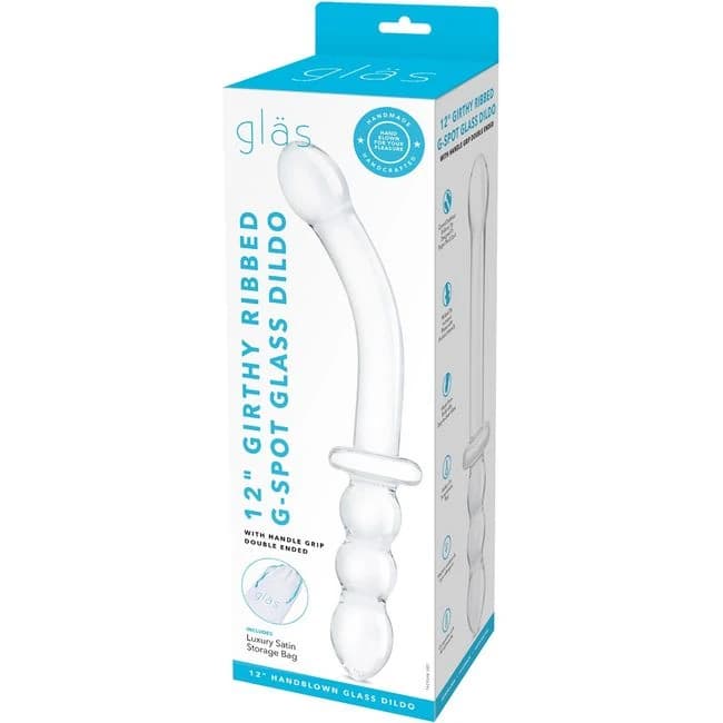 Glas 12in Girthy Ribbed G-spot Glass Dildo W/ Handle Grip - Image 1 Glas 12in Girthy Ribbed G-spot Glass Dildo W/ Handle Grip - Image 1