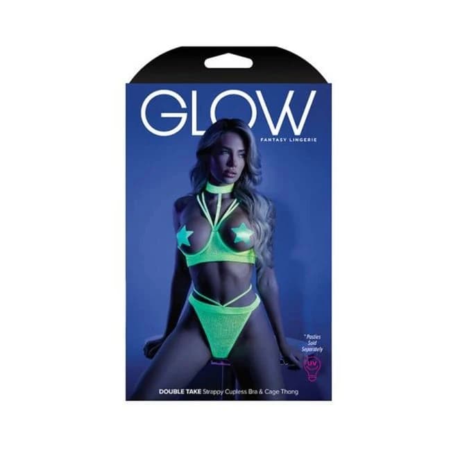 Glow Double Take Strappy Harness Open-Shelf Bra & Cage Thong Neon, image 1