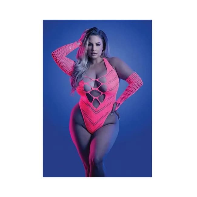 Glow Flashback Black Light Reactive Rhinestone Teddy w/ Gloves (or Leg Warmers) - Neon Pink O/S, image 1