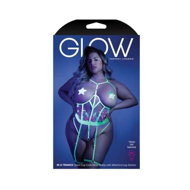 Glow in a Trance Floral Embroidered Open-Cup Crotchless Teddy with Attached Leg Garters Neon Chartre, image 1