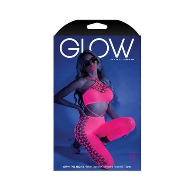 Glow Own the Night Cropped Cut-Out Halter Bodystocking Neon Pink Os, image 1